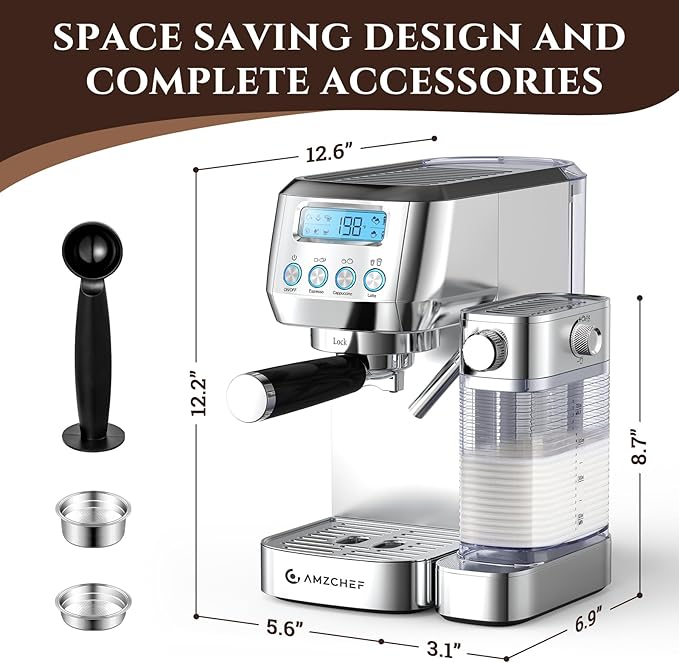 AMZCHEF Espresso Machine with LCD Display, 20 Bar Cappuccino Machines with Upgraded Automatic Milk Frother for Home Gifts, Latte Coffee Maker with Dual Wall & Filters, Sliver