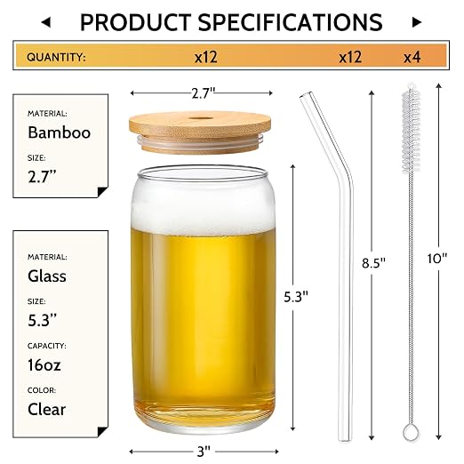 [ 12pcs Set ] Glass Cups with Bamboo Lids and Glass Straw - Beer Shaped Drinking Glasses, 16 oz Iced Coffee Glasses, Cute Tumbler Cup for Smoothie, Boba Tea, Whiskey, Water - 4 Cleaning Brushes - Image 2