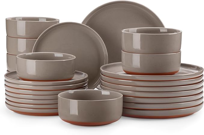 MALACASA Plates and Bowls Sets, 24 Pieces Modern Ceramic Dinnerware Set for 8 Kitchen Dinner Set Stoneware Dishware Dishes Set Microwave and Dishwasher Safe, Brown, Series TARA by MALACASA