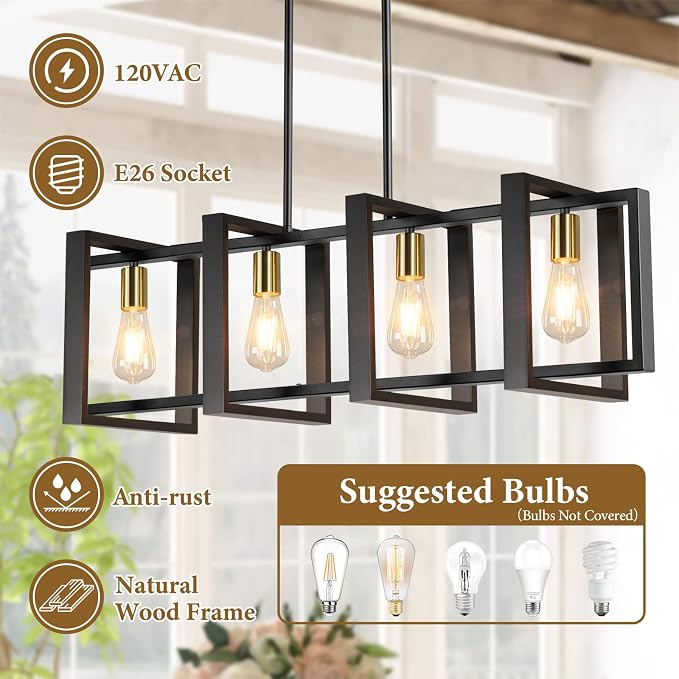 4-Light Dining Room Light Fixture, 53’’ Farmhouse Wood Chandelier Kitchen Island Lighting Over Table, Modern Black Gold Rectangular Hanging Pendant Light Fixture for Living Room, E26 Sockets - Image 2