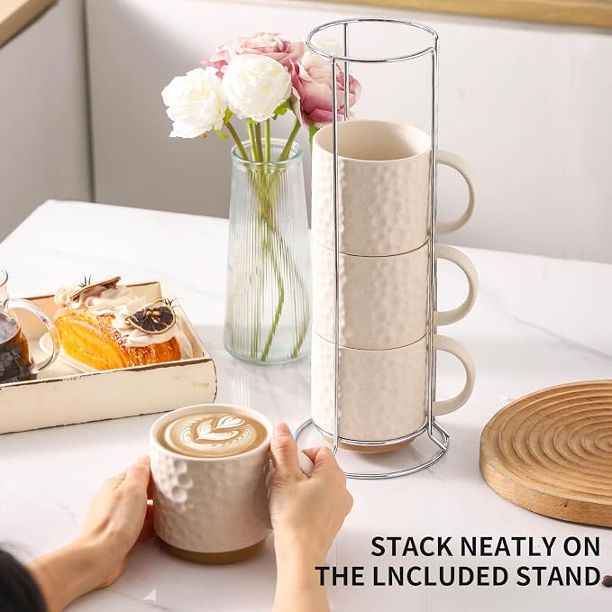 Nihow 16 OZ Ceramic Coffee Mug with Stackable Stand,Set of 4,White | Stackable, Stainless Stand Included, Cappuccino & Tea, Hot/Cold Drinks, Dishwasher & Microwave Safe - Image 5