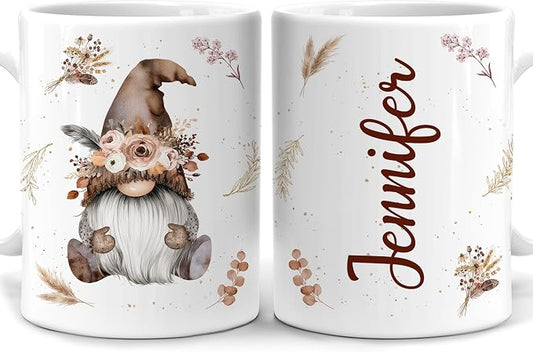 Hyturtle Personalized Gnome Mug Gifts For Women on Birthday Christmas | Gnome Themed Gift Ideas Presents For Girls Friends - Boho Flowers Custom Name 11oz White Ceramic Coffee Tea Mug by Hyturtle