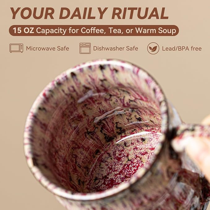 Unique Reactive Glaze Ceramic Coffee Mug - 15 oz Large Coffee Cup with Ergonomic Handle, Handmade Lava Red Ceramic Mug for Office & Home, Great Birthday Gift for Women, Men & Friends, Microwave Safe - Image 8