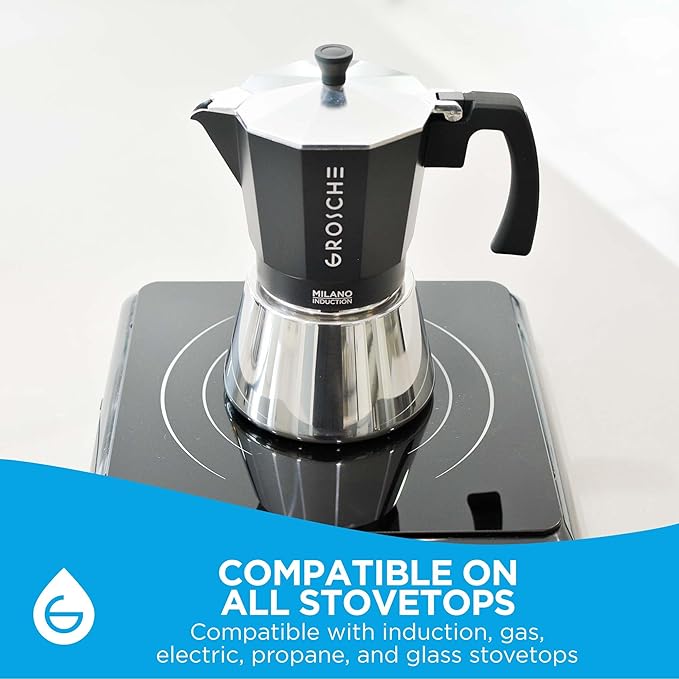 GROSCHE Milano Induction Stovetop Espresso Maker Moka Pot for Greca, Induction, Electric & Gas Stoves, Dishwasher Safe Stovetop Espresso Maker | 9 Espresso Cup, Black