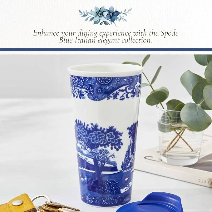 Spode Blue Italian Travel Mug | 12-Ounce Capacity | Made of Porcelain | Travel Tumbler for Coffee and Tea | Hot Water Cup | Dishwasher and Microwave Safe - Image 5