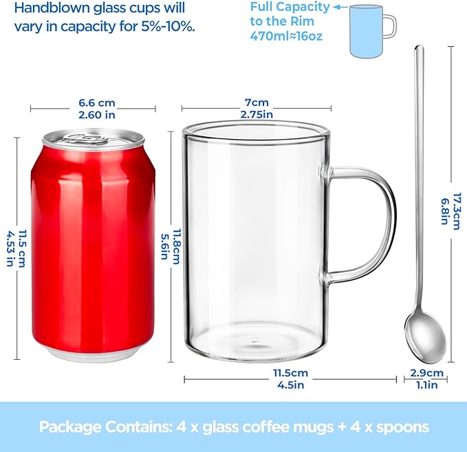 ecooe 16oz Borosilicate Glass Coffee Mugs Set of 4, Large Glass Mug Set with Handles & Spoon, Clear Glasses Coffee Cups for Hot/Cold Tea, Cappuccino, Latte, Juice, Drinking Glasses