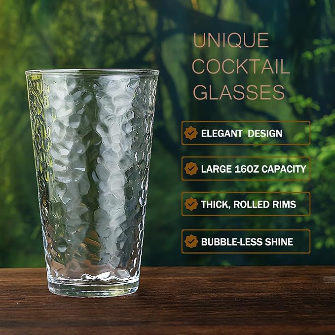 ALINK 16 oz Drinking Glasses, Set of 6 Hammered Glass Cups, Clear Heavy Base Stemmed Highball Water Glasses for Beer, Iced Coffee Cups, Cocktail Glasses, Wine, Iced Tea, Dishwasher Safe - Image 2