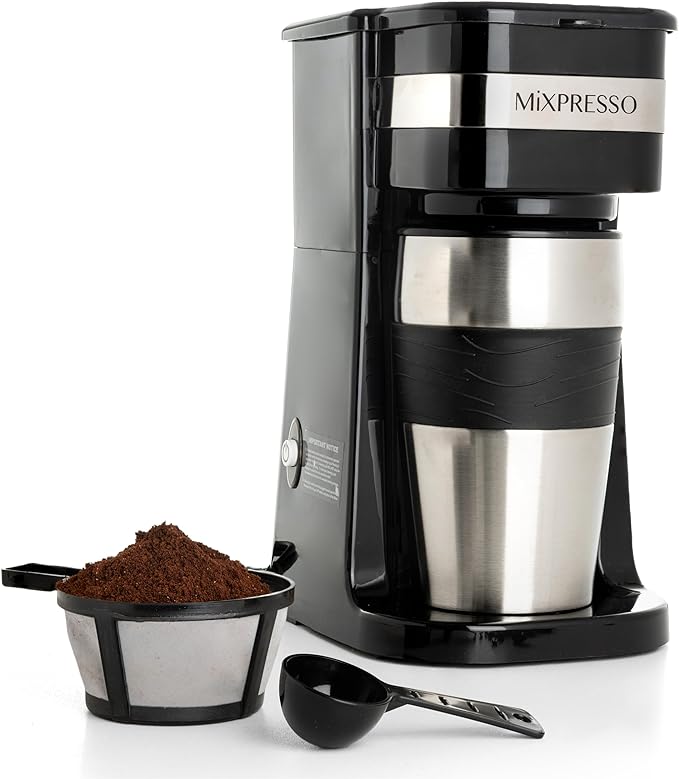 Mixpresso Single Serve & Single Cup Coffee Maker with 14oz Travel Mug Black | For ground coffee only, reusable filter, auto shut off. Compact personal drip coffee maker, not compatible with K-Cup pods. by Mixpresso