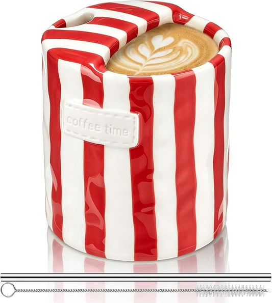 1 Pack Ceramic Coffee Mug with Sip Hole Espresso Cup 10oz with Straws Retro Hand Painted Striped Ceramic Iced Coffee Tea Travel Mug Latte Cup for Kitchen Dining (Simple,Red) by Ferrochef