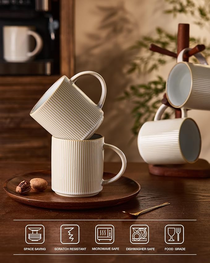 famiware Coffee Mug Set for 4, Star 16 oz Catering Mugs Cup Set with Handle for Coffee, Tea, Cocoa, Milk - Ceramic Stoneware Drinkware Set, Cappuccino White - Image 7