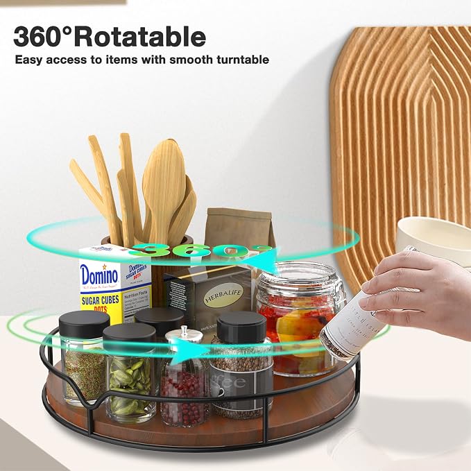 Lazy Susan Turntable Organizer with Anti-Slip Mat for Cabinet Pantry Kitchen Countertop Refrigerator Office, Pine Wood, 10", Brown - Image 4