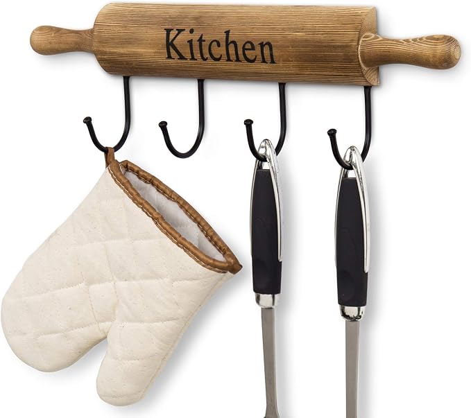 MyGift Rustic Burnt Brown Wood Kitchen Hooks for Hanging Cooking Utensils, Coffee Mugs and Hand Towels, Decorative Rolling Pin Design Kitchen Wall Decor with 4 Hooks | Four sturdy hooks provide convenient hanging space for mugs, towels, utensils, apron... by MyGiftHome