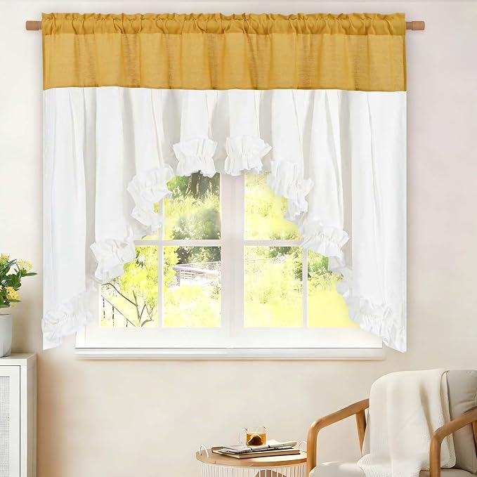 Likiyol Linen Valances for Windows Farmhouse Ruffle Swag Valance Rustic Country Window Valances Light Filtering Kitchen Curtains Rod Pocket Valance Curtains for Bathroom Cafe, Yellow White,60"W x 36"L - Image 2