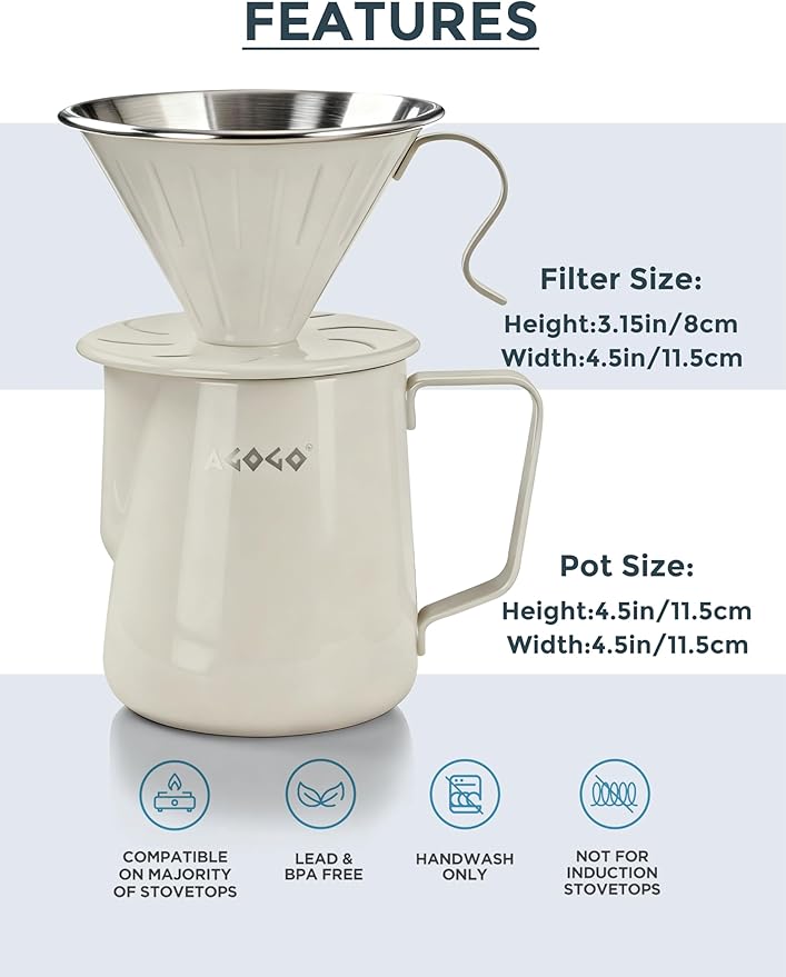 AGOGO Portable Pour Over Coffee Maker V60 Set - Easy Cleaning Compact 304 Stainless Steel Dripper for Camping & 50 Filters Paper & Cleaning Rag Cream 20 oz