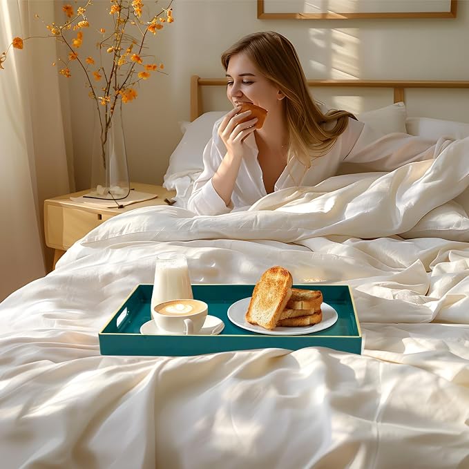 MAONAME Teal Decorative Tray for Coffee Table, Serving Tray with Handles | Plastic Melamine Tray, Modern Ottoman Tray, Rectangular Countertop Organizer Tray for Living Room, 15.8"L x 10.2"W x 1.4"H - Image 6