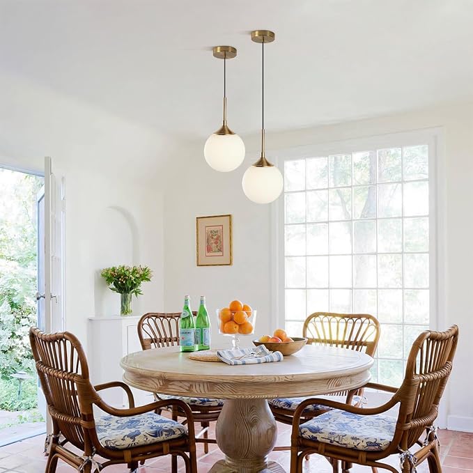 KCO Lighting 7” Small Milk Glass Pendant Light Gold Globe Kitchen Pendant Lights Vintage White Glass Hanging Light Fixture Mid Century Modern Dining Room Ceiling Light Fixture (2 Pack) - Image 5