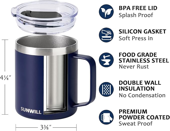 SUNWILL Travel Coffee Mugs Set of 4, Insulated Tumbler with Lid, 14oz Stainless Steel Cup with Handle Bulk for Gift, Camping, Office, Powder Coated Navy Blue - Image 2