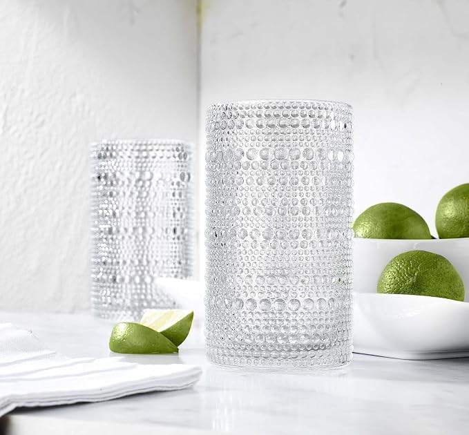 Set of 16 Hobnail Drinking Glasses 15.2 oz/450 ml Clear Highball Glasses, Drinking Set of 16 Vintage Embossed Glassware, Sturdy Heavy Duty Water Juice Cocktails, Iced Coffee Tumblers - Image 5