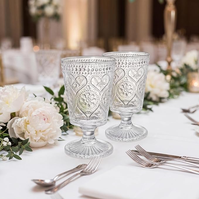 ZAVOOS Set of 6 Clear Glass Goblet, 12 Oz Vintage Romantic Wine Glasses | Embossed Floral Glass Cups Set, Bar Tumbler Drinking Glassware for Iced Tea, Wine, Beer, Juice, Cocktail, Whiskey - Image 6