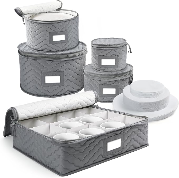 LotFancy China Storage Containers, Quilted 5-Piece Set, Tea Cup and Saucer Storage Box, Chinaware Dinnerware Dish Plate Mug Storage Case, 48 Felt Protectors, Cardboard Dividers Included - Image 8