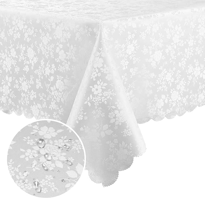 Smiry Rectangle Waterproof Heavy Duty Vinyl Tablecloths, 60 x 120 Inch | Wipeable Washable Floral Embossed Table Cover for Kitchen and Dining Room, Indoor & Outdoor Use, White by Smiry