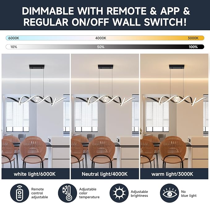 ORANOOR Modern LED Pendant Lights, Dimmable 39in Spiral Wave LED Chandelier | Linear Swivel Black Dining Room Hanging Lighting Fixtures, Kitchen Island Pendant Light Chandelier for Dining Table (2340lm) - Image 3