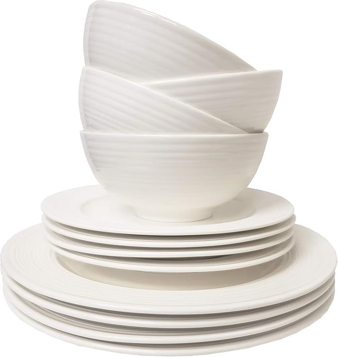 TTU Tabletops Gallery Embossed Bone White Porcelain Round Dinnerware Collection- Chip Resistant Scratch Resistant, Contempo 12 Piece Dinnerware Set (Dinner Plate, Salad Plate, Cereal Bowl) - Image 5