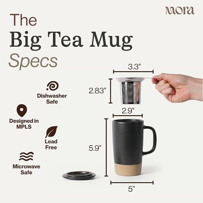 MORA Ceramics Large Tea Mug with Loose Leaf Infuser and Ceramic Lid, 18 oz, Portable, Microwave, Dishwasher Safe, Tall Coffee Cup - Rustic Matte Ceramic Glaze, Modern Herbal Tea Strainer, Liquorice - Image 2