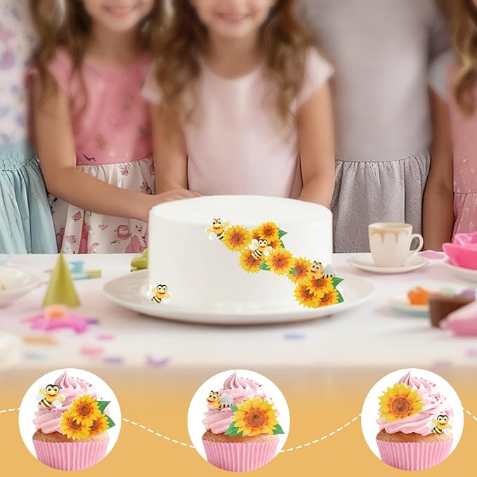 68 PCS Edible Sunflower Cupcake Toppers, Edible Flower and Bee Mixed Cake Decorations for Baby Shower and Birthday Cake Decoration, Food Decoration Supplies - Image 8