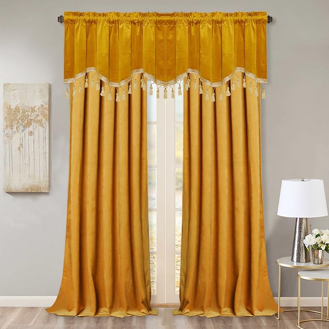 Warm Gold Autumn Tassel Velvet Valances Curtains 52x18 Inch 2 Panels | Rod Pocket Scalloped Tier Curtains, Light Dimming Privacy Protect Window Drapes for Cafe, Holiday Fall Decor - Image 7