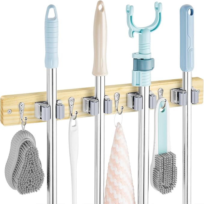 OUTNILI Mop and Broom Holder Wall Mount - Light Wood Broom Mop Hanger - Wall Mounted Garden Tool Rack Organizer for Closet Garage Laundry Room Kitchen With 4 Slots & 4 Hooks by OUTNILI