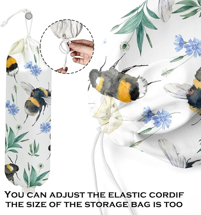 Bee Plastic Bag Holder, Summer Floral Grocery Bag Holder for Plastic Bags | Wall Mount Washable Grocery Bags Storage Dispenser for Home Kitchen Pantry Farmhouse, Bee Gifts for Women Mom - Image 4