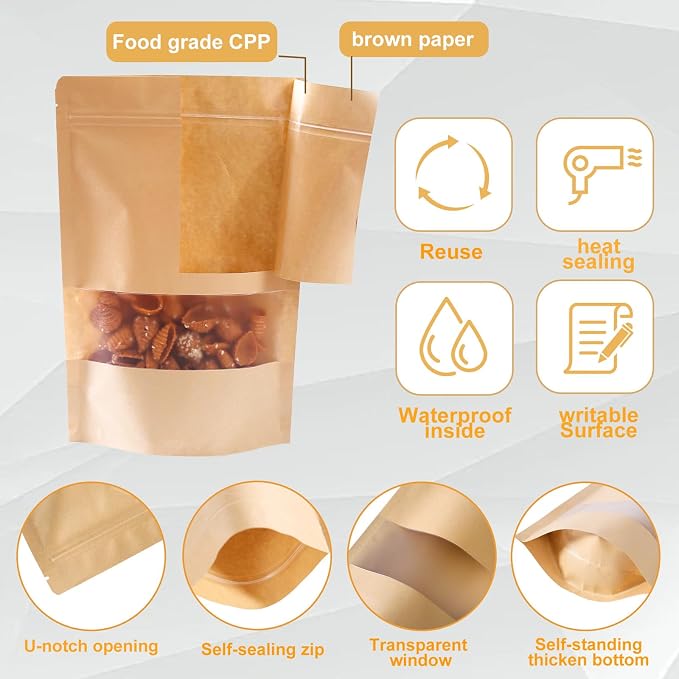 105 Pcs Windowed brown paper Bags，4 x 6 Inch Stand Up Pouches, Zip Lock Food Storage Bags， Reusable Sealing Pouches for Packaging Products(Brown) (4 * 6in) - Image 8