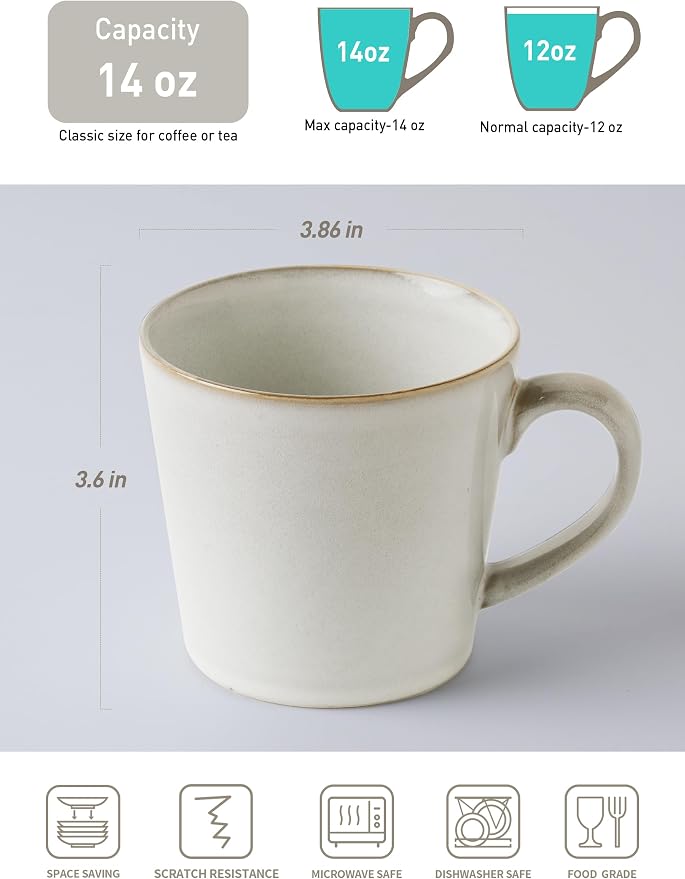 famiware Coffee Mug Set of 4, Annecy 14 oz Ceramic Reusable Cups Set with Handle, Microwavable and Dishwasherable Stoneware Drinkware Set for Tea, Milk, Water, Grey-white - Image 2