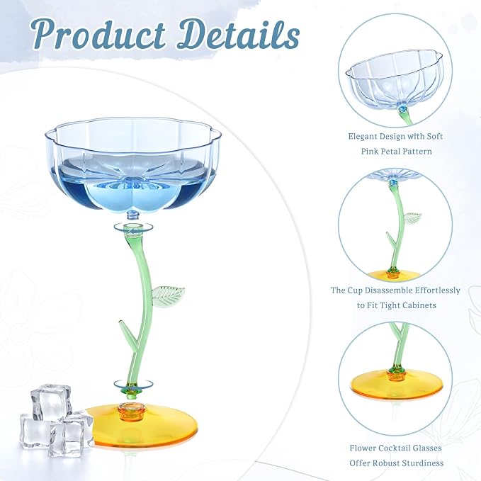 12 Pcs Blue Plastic Ribbed Coupe Glasses Detachable 7oz Flower Cocktail Glasses Modern Wavy Plastic Cocktail Coupes Disposable Martini Glasses Mimosa Glassware champagne goblets (12, Blue) - Image 3