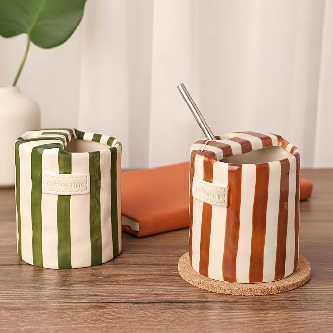 2 Pack Ceramic Coffee Mug with Sip Hole Espresso Cup 10oz with Straws Retro Hand Painted Striped Ceramic Iced Coffee Tea Travel Mug Latte Cup for Kitchen Dining (Simple,Green,Brown) - Image 5