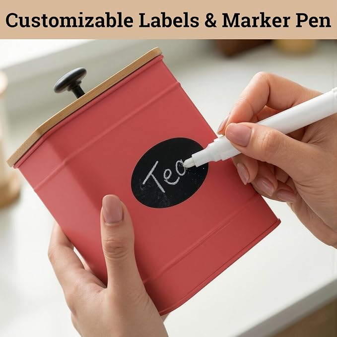 Kitchen Canisters for Countertop Set of 4 w/ Chalkboard Labels & Marker Pen | Airtight Easy Open Bamboo Lids, Dent-Resistant Thick Metal, Customizable Chalkboard Labels, Marker Pen Included, Set of 4 - Image 5