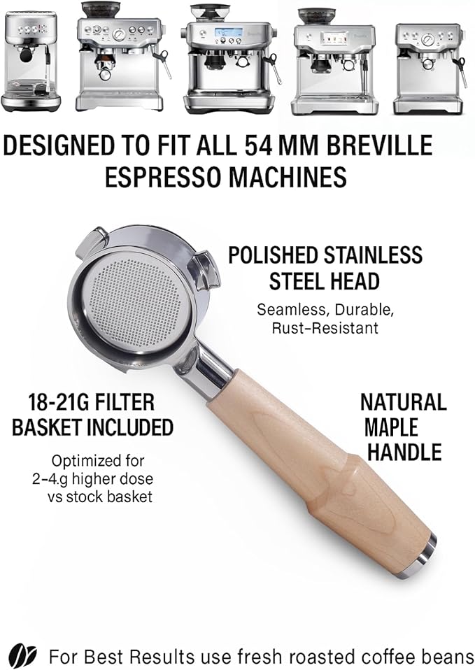 54mm Breville Tamper Kit Maple Bottomless Portafilter, Self Leveling Spring Loaded Tamper, Distributor, Beechwood Tamping Station & Smart Coffee Scale