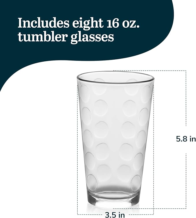 Libbey Reno Tumbler Drinking Glasses, Polka Dot Pattern Tall Glass Tumbler Set of 8, Compact, Fun Glass Cups Set for Everyday Use, Casual Parties - Image 3