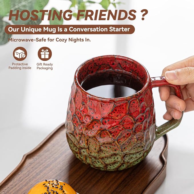 18oz Unique Red & Green Kiln-Change Ceramic Coffee Mug, Handcrafted Hammered Texture Ceramic Mug with Ergonomic Handle, Microwave & Dishwasher Safe, Gift for Coffee Lovers, Home Office Daily Use - Image 2