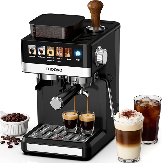 Espresso Machine with Grinder,20Bar Compact Espresso Maker with Steam Milk Frother,Coffee Maker for Home (black, medium) by Mooye