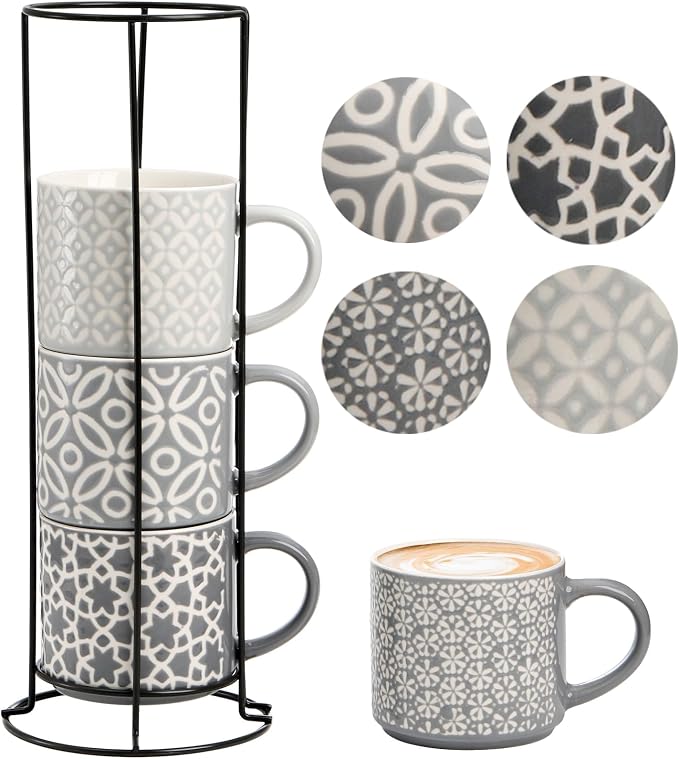 Hiceeden Set of 4 Coffee Mugs with Metal Stand, 15 oz Stackable Espresso Cups Ceramic Coffee Mugs for Cocoa, Latte, Americano, Cappuccinos or Beverages by Hiceeden