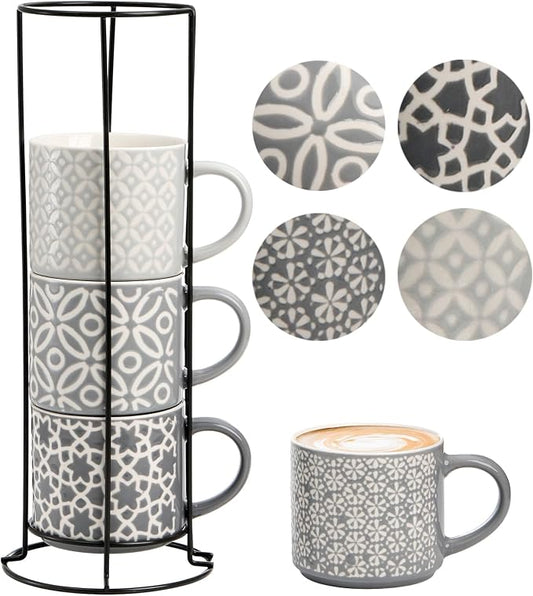 Hiceeden Set of 4 Coffee Mugs with Metal Stand, 15 oz Stackable Espresso Cups Ceramic Coffee Mugs for Cocoa, Latte, Americano, Cappuccinos or Beverages by Hiceeden