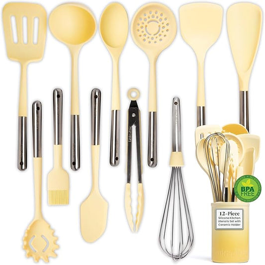 Larder & Vine 12-Piece Silicone Kitchen Cooking Utensils Set with Stainless Steel Handle and Ceramic Holder, Dishwasher Safe Set of Kitchen Essentials (Limoncello) by LarderVine
