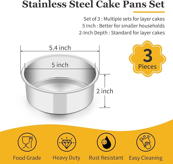 TeamFar 5 Inch Cake Pan Set of 3, Stainless Steel Small Layer Cake Pans Tin | Round Bakeware for Birthday Wedding Party, Non-Toxic & Healthy, Mirror Finish & Dishwasher Safe - Image 2