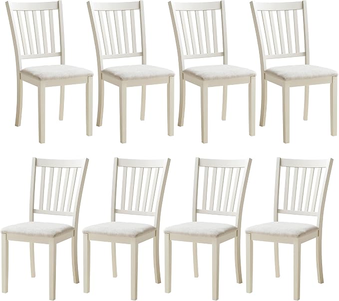 AMERLIFE Set of 8 Farmhouse Dining Chairs with Upholstered Seats, Cream | Farmhouse Style, Curved Backrests, Solid Wood Legs, Padded Upholstery, Rustic Cream Finish by AMERLIFE