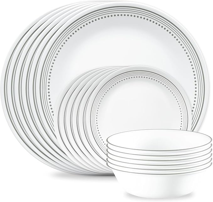 Corelle Vitrelle 18-Piece Service for 6 Dinnerware Set Triple Layer Glass and Chip Resistant, Lightweight Round Plates and Bowls Set, Mystic Gray by Corelle