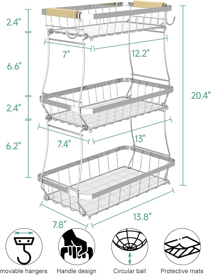 3-Tier Fruit Basket with Banana Hangers, Detachable Metal Bowl | Wooden handle, protective mats included. Versatile holder for bread, snacks, and veggies. Large 3 tier metal design. - Image 2