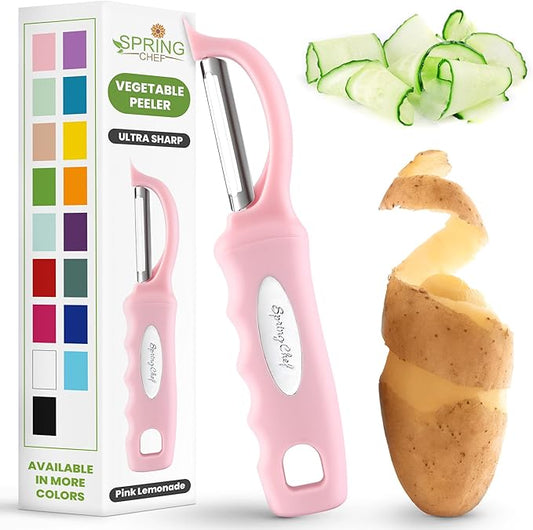 Spring Chef Swivel Vegetable Peeler with Soft Grip Handle, Pink Lemonade | Premium Potato Peeler w/ Ultra Sharp Stainless Steel Blades, Multifunctional Veggie Peeler for Apple, Carrot, Cucumber, Fruit by SpringChef