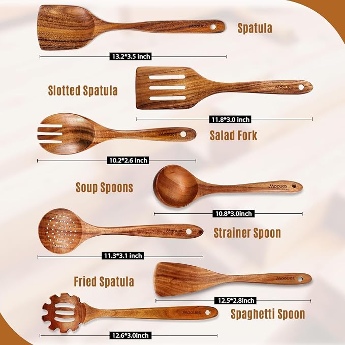 Mooues Wooden Kitchen Utensil Set, 12 Piece Natural Teak with Spoon Rest | Wooden Cooking Utensils with Comfort Grip, Smooth Durable Heat Resistant Cooking Spoons and Utensils Holder for Cooking - Image 6